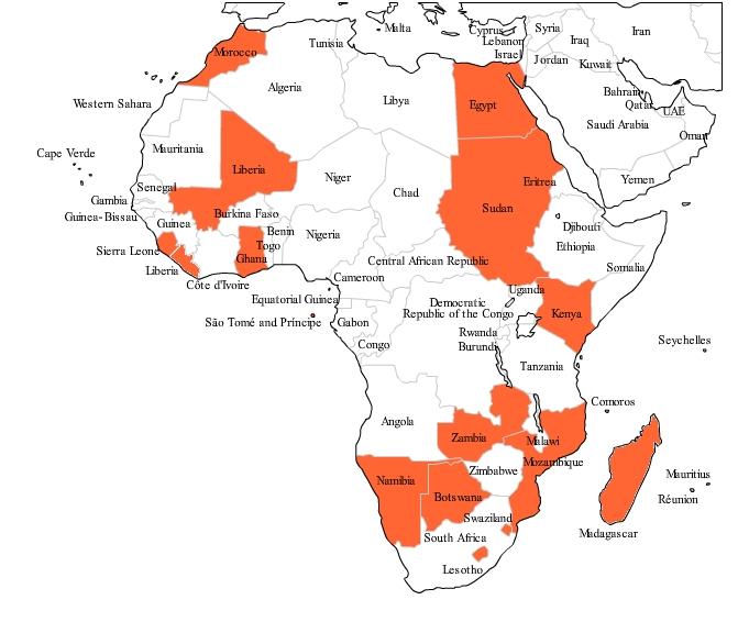 1) 2) 3) 4) 5) 6) 7) 8) 9) Mısır Gana Kenya Lesoto Fas Liberya Madagaskar Mozambik Namibya Sudan Sierra Svaziland Zambiya Botsvana: Leone 10) 11) Mısır: Gana: Kenya: Lesoto: Fas: Liberya: Madagaskar: