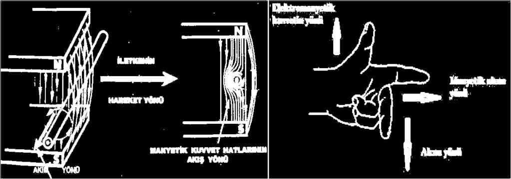 Şekil 3.3: Sağ el kuralı Sabit bir manyetik alan içerisinde bulunan iletkenden elektrik akımı geçirdiğimizde iletken hareket eder. Hareket yönü sol el kuralı ile bulunur.