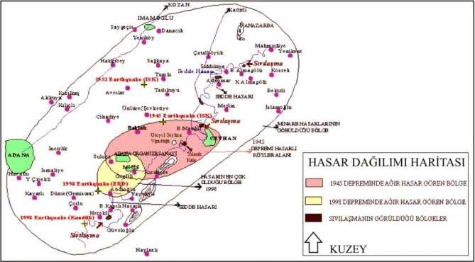 Şekil 4. Adana da yaşanan 1945 ve 1998 depremlerinin hasar dağılım haritası (Adana İl Özel İdaresi).
