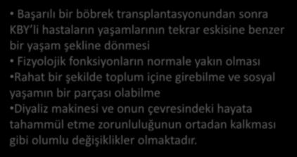 BÖBREK TRANSPLANTASYONU SONRASI YAŞAM Başarılı bir böbrek transplantasyonundan sonra KBY li hastaların yaşamlarının tekrar eskisine benzer bir yaşam şekline dönmesi Fizyolojik fonksiyonların normale