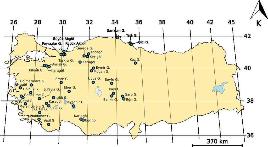 Göllerin örneklenmesi 2010, 2011 ve 2012 yılları içerisinde gerçekleştirilmiştir. Örnekleme yapılan göller Türkiye'nin 36.55º-42.01º Kuzey enlemleri (~600 km) ile 27.21º-36.