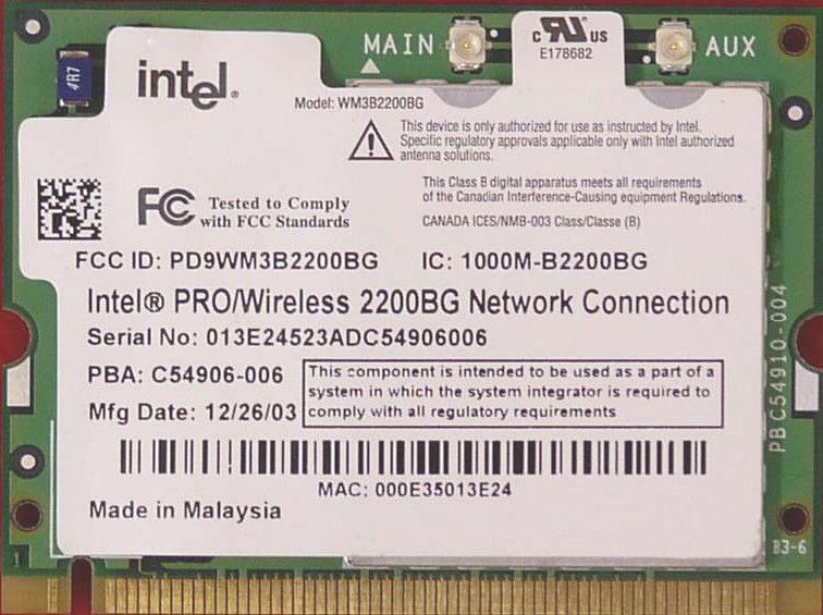 101 Şekil 6.6 Intel PRO/Wireless 2200BG ağ kartının ön ve arka görüntüsü Cihazın teknik spesifikasyonları Çizelge 6.