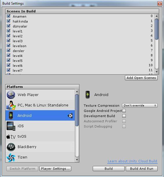 76 Şekil 3.52. Oyunun Android ortam için build edilmesi ekranı Daha sonra Player Settings butonuna tıklayarak Android için gerekli ayarların yapılması gerekmektedir.