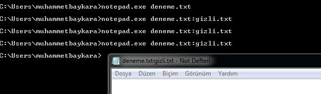 Veri Gizleme- ADS NTFS ADS (Alternate Data Streams) Örnek: Metin belgesi içinde gizli