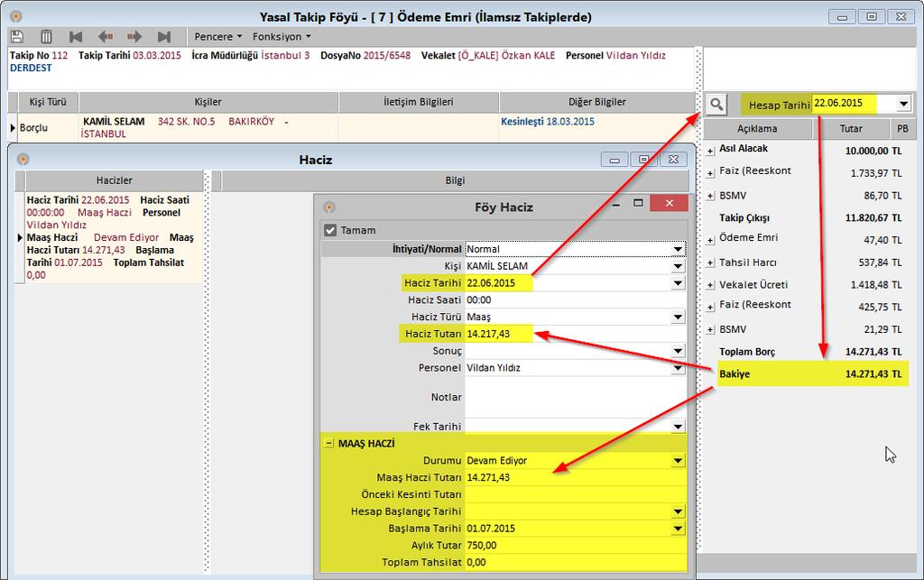 Toplam Tahsilat : Maaş Haczi tahsilatlarının toplamıdır. Önceki Kesinti Tutarı varsa bu rakama otomatik eklenir. Maaş Haczi Devam yazısı için dikkate alınan tutar sahasıdır.