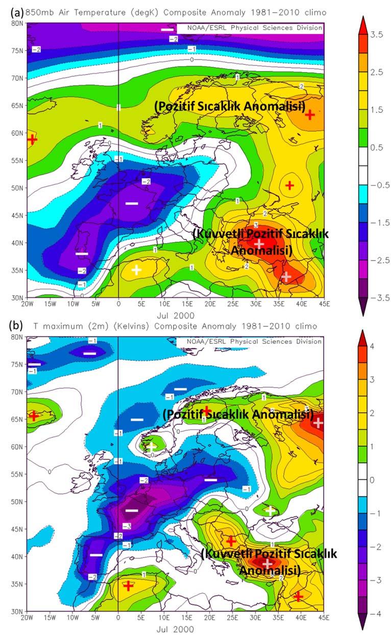 48 Ecmel ERLAT & Murat TÜRKEŞ Şekil 12: Türkiye istasyonlar nda en yüksek hava s cakl klar n n gözlendiği Temmuz 2000 e karş l k gelen, (a) 850 hpa düzeyi ayl k ortalama ve (b) yüzeydeki (2 m) ayl k