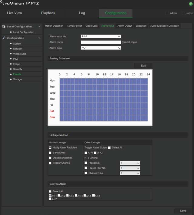 Video kaybı alarmları Video kaybı alarmını tanımlamak için: 1. Menü araç çubuğundan Configuration > Events > Video Loss (Yapılandırma > Olaylar > Video kaybı) öğesine tıklayın. 2.