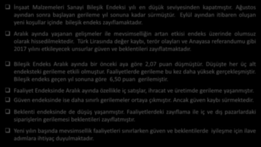 Aralık ayında yaşanan gelişmeler ile mevsimselliğin artan etkisi endeks üzerinde olumsuz olarak hissedilmektedir.