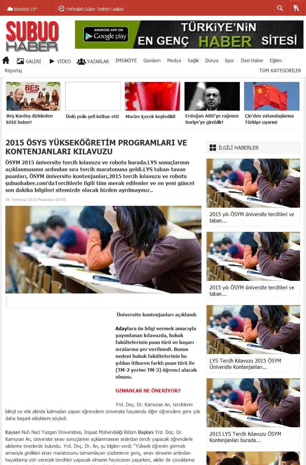 2015 ÖSYS YÜKSEKÖGRETIM PROGRAMLARI VE KONTENJANLARI KILAVUZU Portal : www.subuohaber.