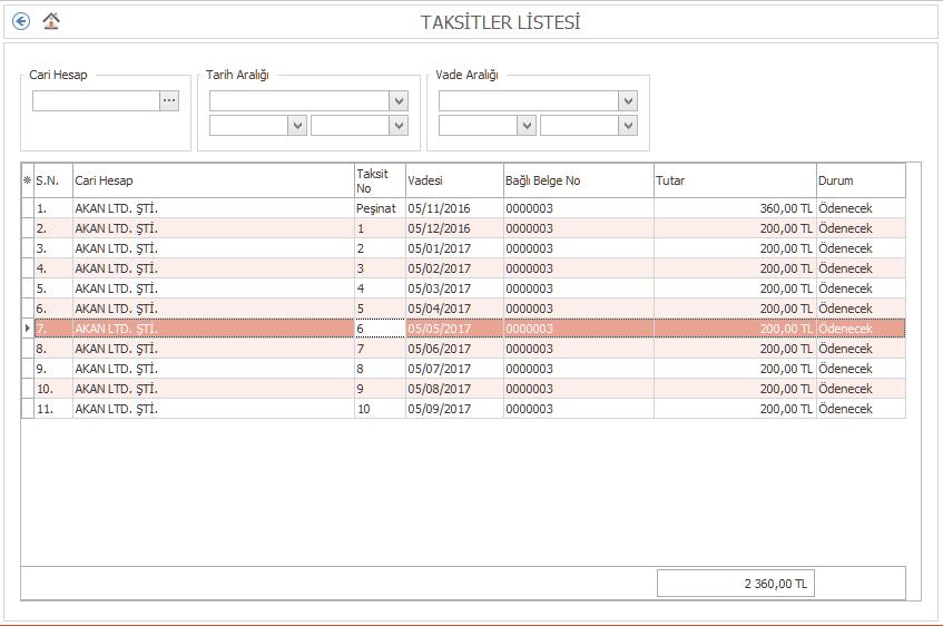 Taksitler Listesi Cari hesap modülü altında yer almaktadır. Listede satış faturası üzerinden oluşturulan taksitler listelendiği gibi yeni taksit eklenebilir.