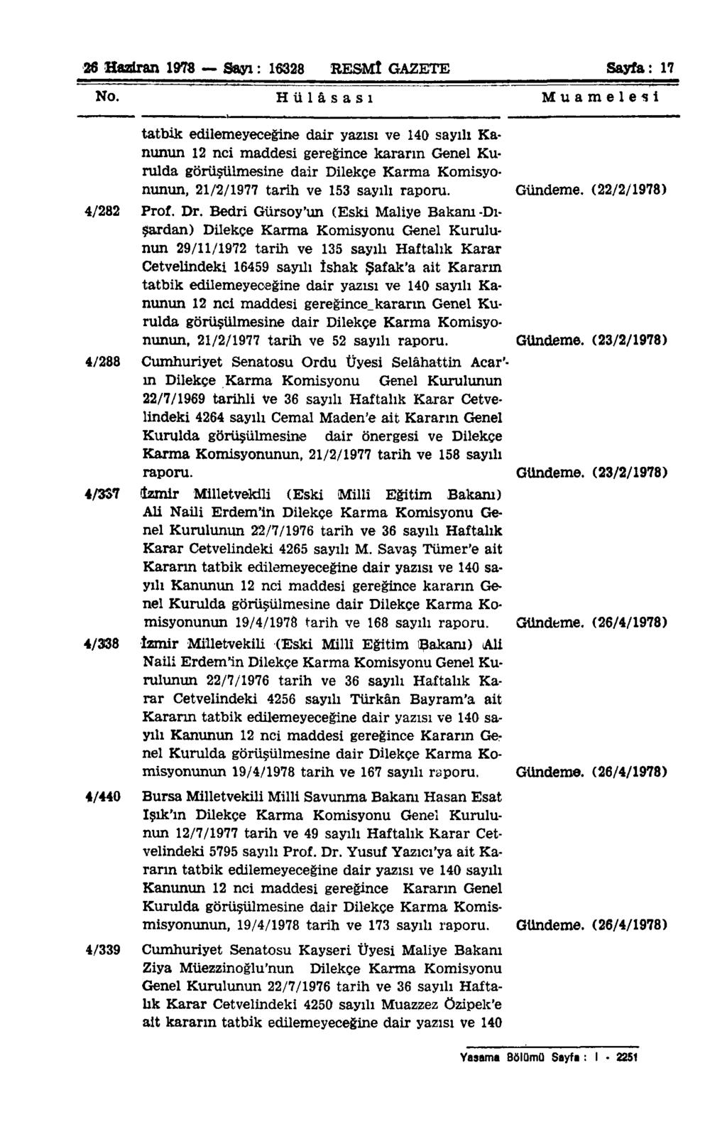 26 Haziran 1978 Sayı: 16328 RESMİ GAZETE Sayfa: 17 No.