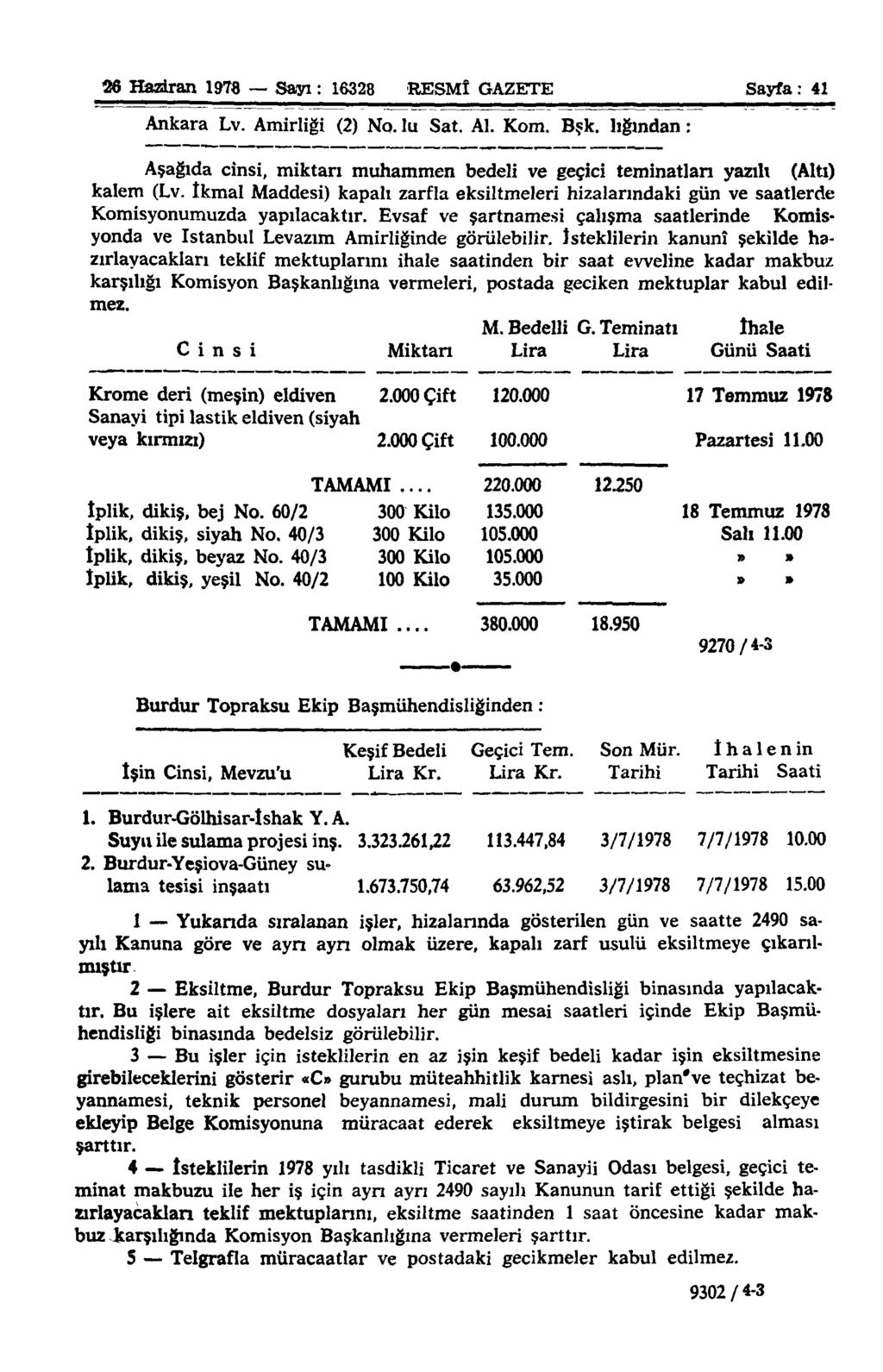 26 Haziran 1978 Sayı : 16328 RESMÎ GAZETE Sayfa : 41 Ankara Lv. Amirliği (2) No. lu Sat. Al. Kom. Bşk. lığından: Aşağıda cinsi, miktarı muhammen bedeli ve geçici teminatları yazılı (Altı) kalem (Lv.