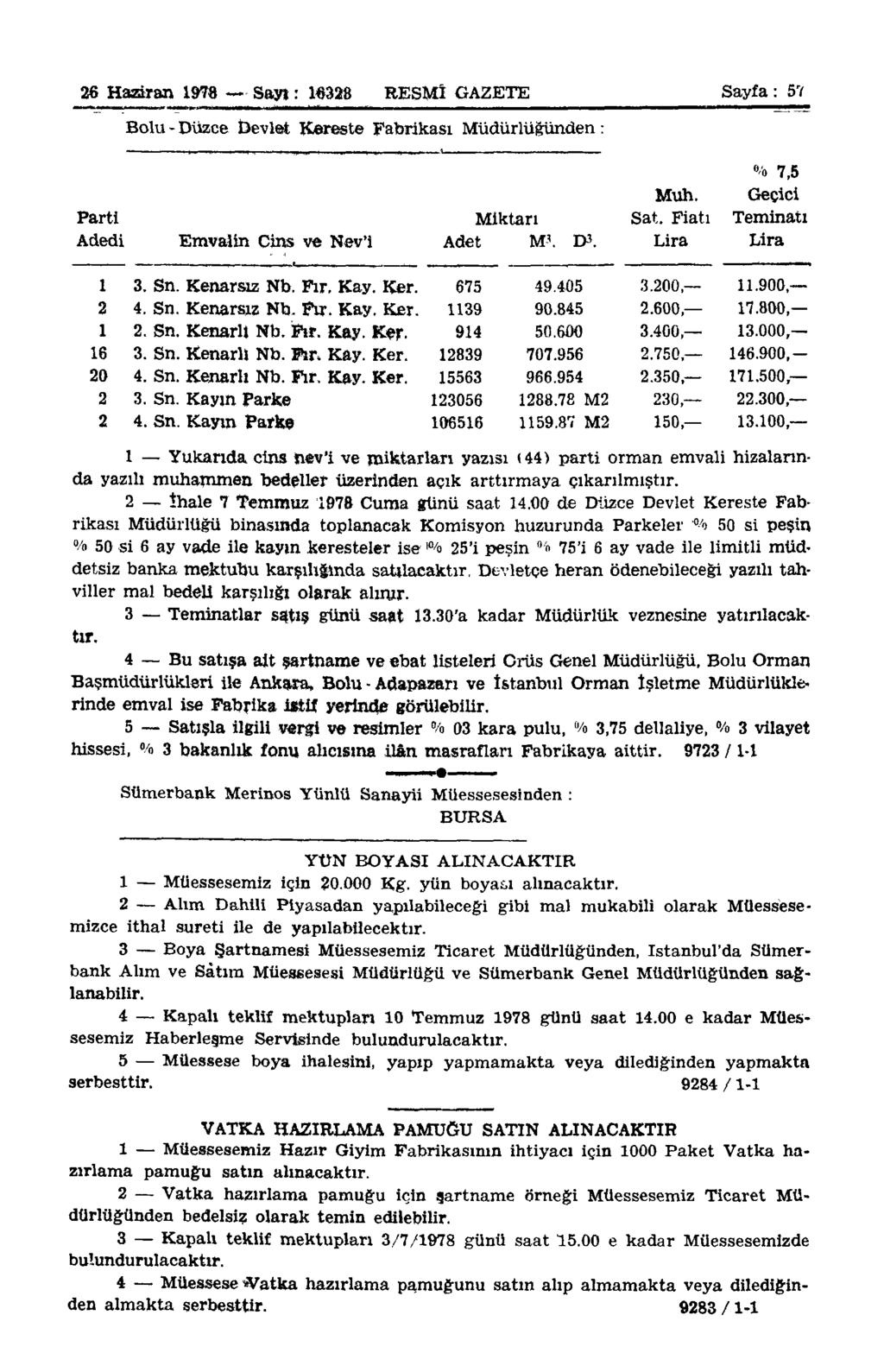 26 Haziran 1978 Sayı: 10328 RESMÎ GAZETE Sayfa : 57 Bolu - Düzce Devlet Kereste Fabrikası Müdürlüğünden : % 7,5 Muh. Geçici Parti Miktarı Sat. Fiatı Teminatı Adedi Emvalin Cins ve Nev'i Adet M\ D>.