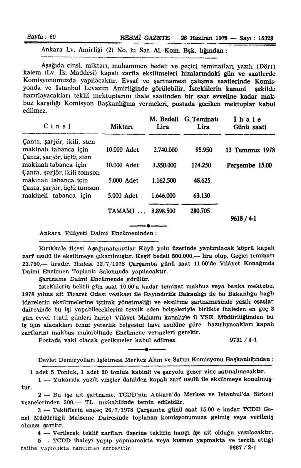 Sayfa : 60 ^ RESMÎ GAZETE 26 Haziran 1978 Sayı: 16328 Ankara Lv. Amirliği (2) No. lu Sat. Al. Kom. Bşk. lığından: Aşağıda cinsi, miktarı, muhammen bedeli ve geçici teminatları yazılı (Dört) kalem (Lv.