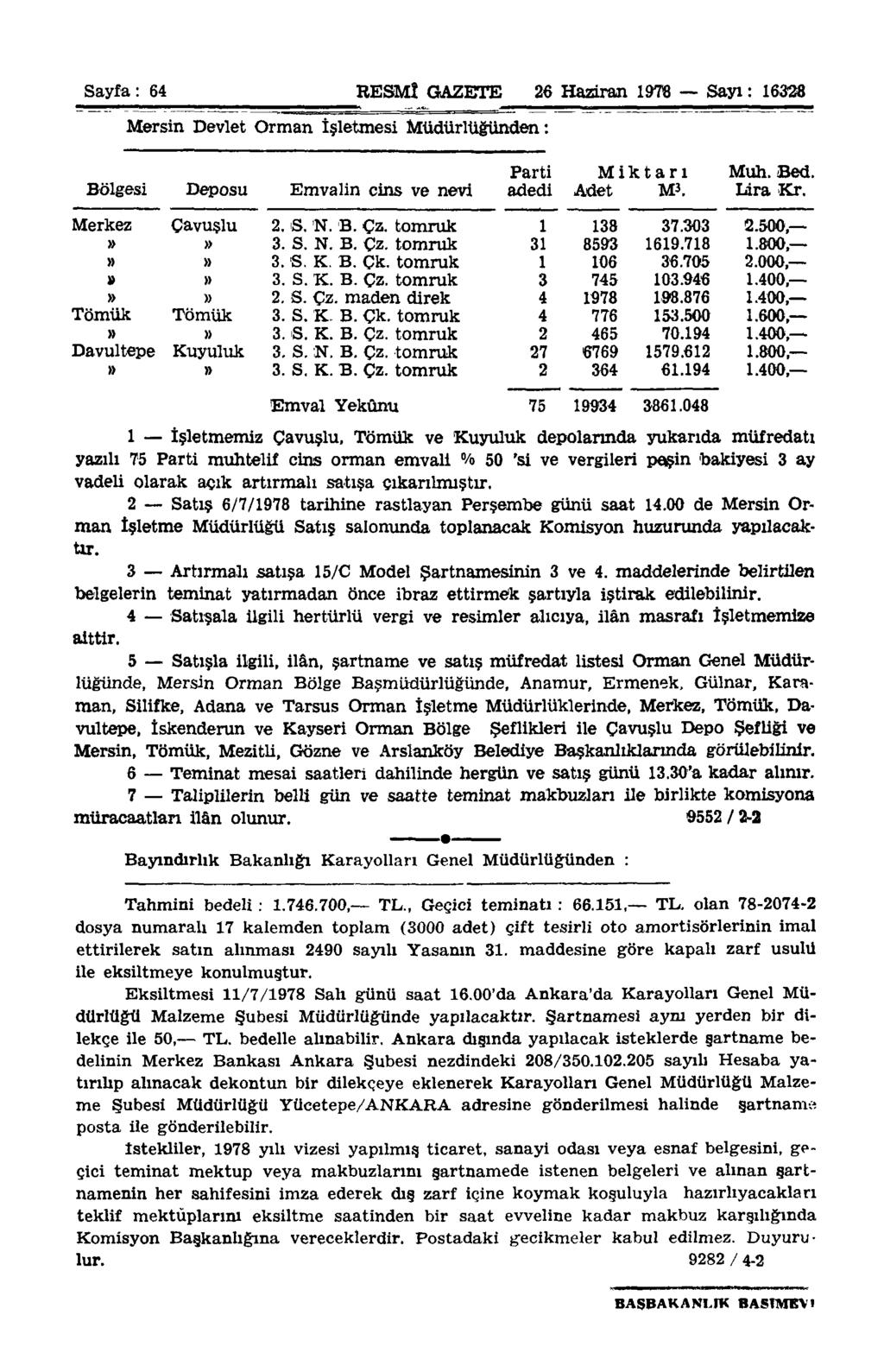 Sayfa : 64 RESMÎ GAZETE 26 Haziran 1976 Sayı: 16338 Mersin Devlet Orman İşletmesi Müdürlüğünden: Parti Miktarı Muh. Bed. Bölgesi Deposu Emvalin cins ve nevi adedi Adet U\ Lira Kr. Merkez Çavuşlu 2. S. N.