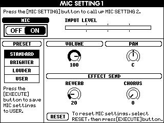 Mikrofon Bağlama ve Çalarken Şarkı Söyleme Ön Ayar Seçme [MIC SETTING] düğmesine bir veya iki kez basarak MIC SETTING ekranını çağırın.
