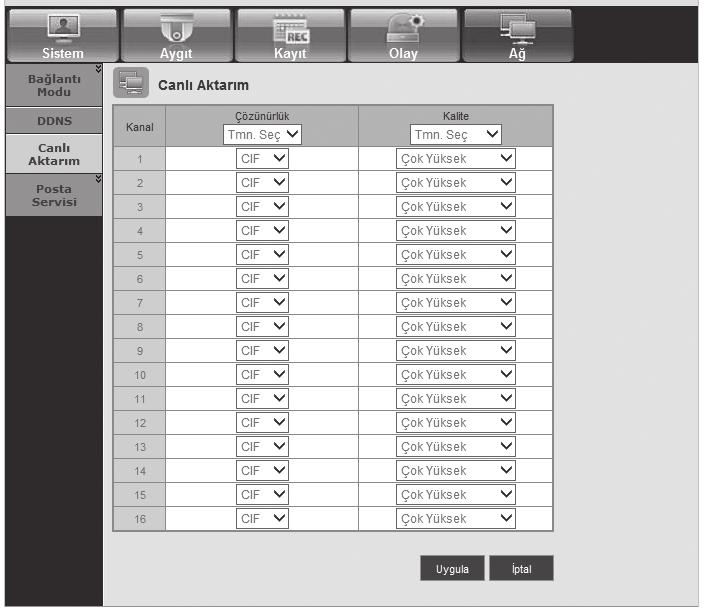 web görüntüleyici DDNS DDNS ayarlarını kontrol edebilirsiniz. Canlı Aktarım DVR dan ağa aktarılacak olan resmin kalitesini ayarlar.