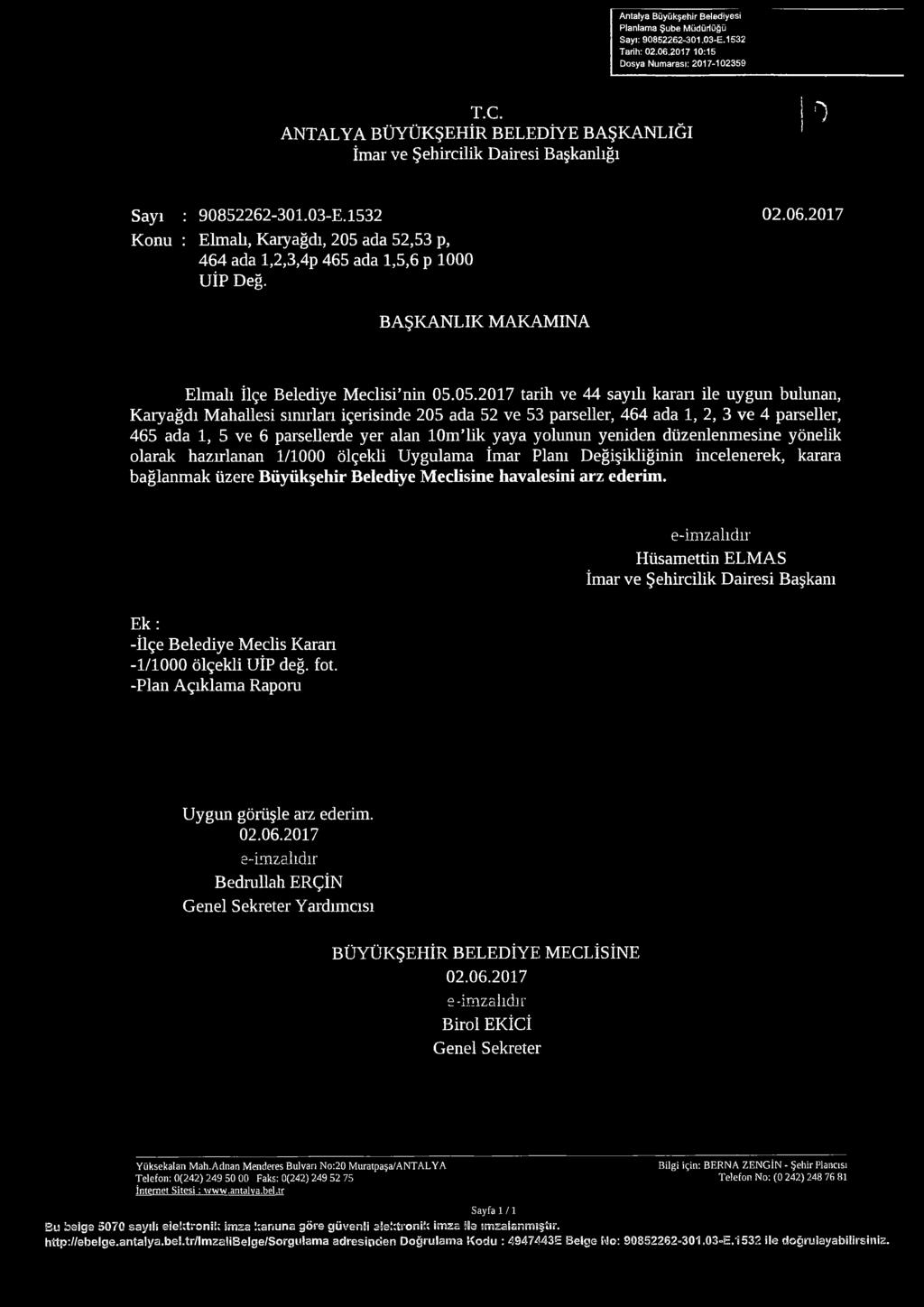2017 Konu : Elmalı, Kaıyağdı, 205 ada 52,53 p, 464 ada l,2,3,4p 465 ada 1,5,6 p 1000 UİP Değ. BAŞKANLIK MAKAMINA Elmalı İlçe Belediye Meclisi nin 05.05.2017 tarih ve 44 sayüı kararı ile uygun bulunan.
