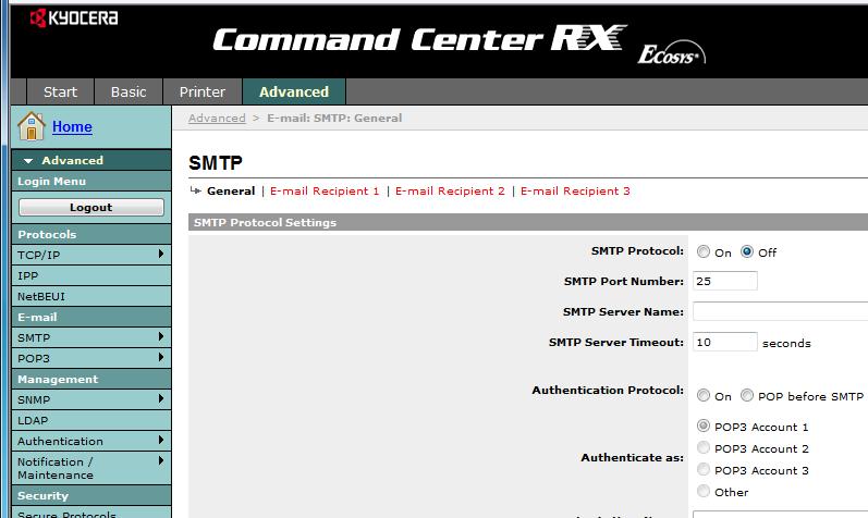 Not Command Center RX içindeki ayarları değiştirmek için makinede yönetici olarak oturum açmalısınız. Varsayılan fabrika ayarları aşağıda belirtilen şekilde düzenlenmiştir.