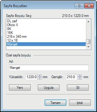 2 8 9 3 10 5 6 4 7 1 Yazıcı ayarları ekranını gösterir. 2 Temel sekmesine tıklayın. 3 Boyutu kaydetmek için Sayfa Boyutları... düğmesine tıklayın.