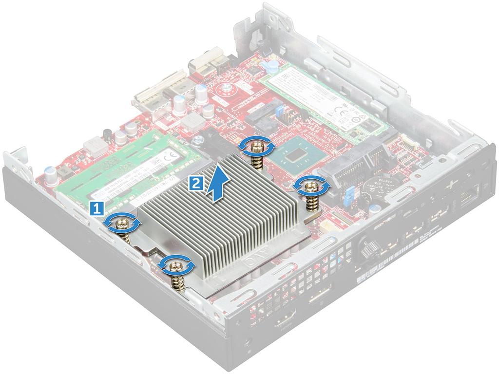 a Isı emiciyi bilgisayara sabitleyen M3 vidaları gevşetin [1]. b Isı emiciyi kaldırarak bilgisayardan uzaklaştırın [2]. Isı emiciyi takma 1 Isı emiciyi işlemcinin üzerine yerleştirin.