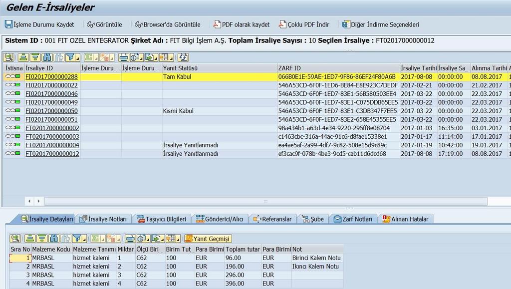 SAP e-irsaliye Çözüm Ekranları Gelen e-irsaliyeler Liste Ekranı Özellikleri İrsaliye görüntüleme (PDF, HTML, XML) PDF kaydetme Çoklu PDF