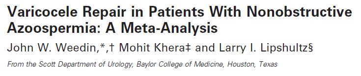 Metaanaliz, 11 çalışma, 233 hasta Varikoselektomi sonrası ejakulatta motil sperm: %39 Spontan gebelik: %6 Ejakulatta sperm