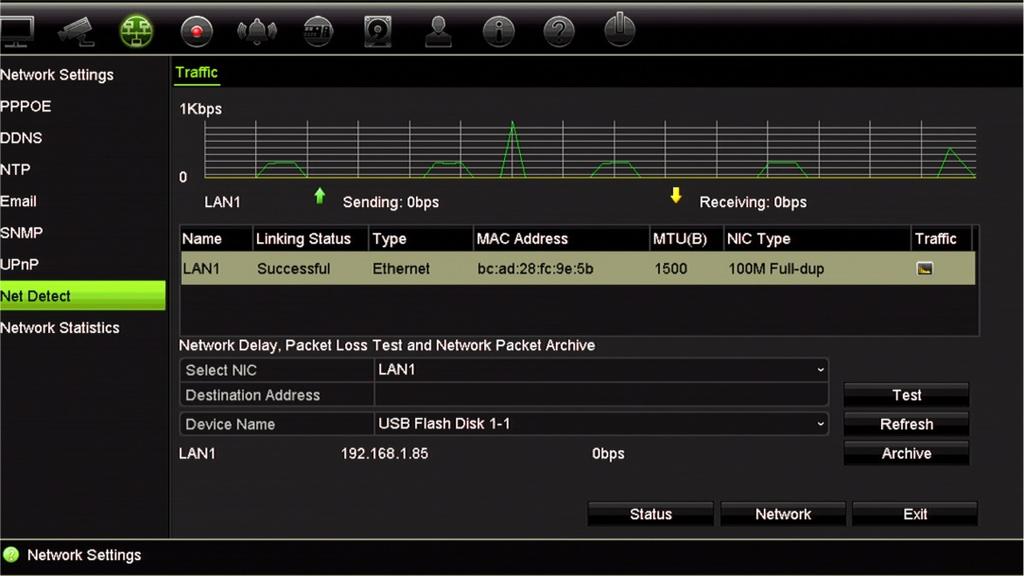 Bölüm 11: Ağ ayarları Ağ trafiğini kontrol etmek için: 1. Menü araç çubuğundan, Network Settings > Net Detect. (Ağ Ayarları > Ağ Tespiti) öğesine tıklayın. Traffic (Trafik) penceresi görünür.