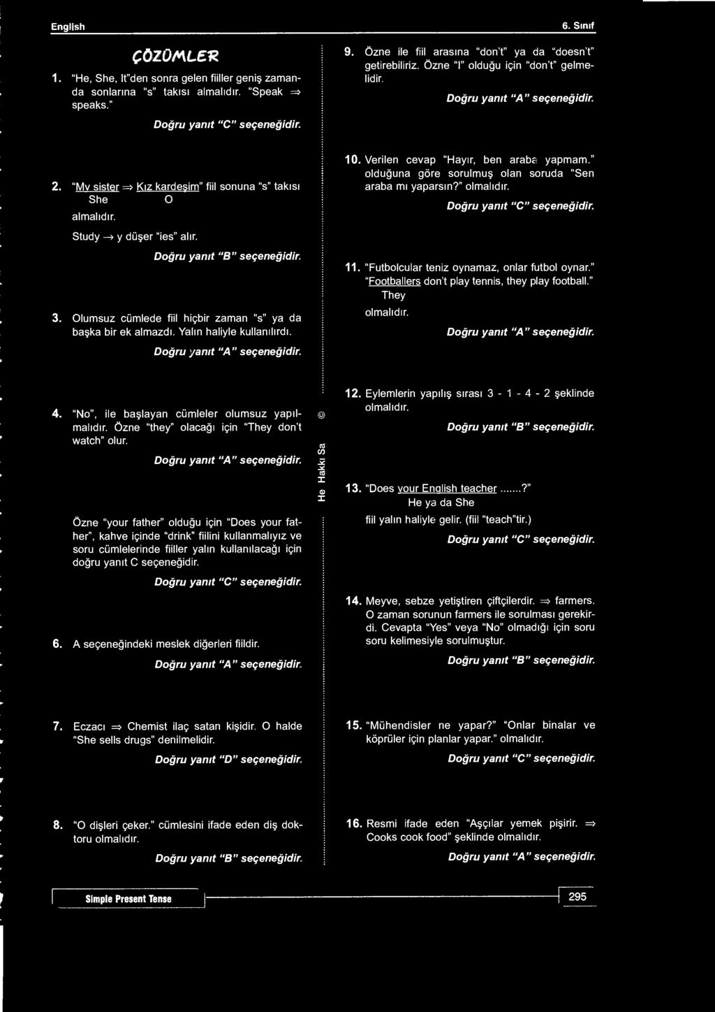 English ÇÖZOMLEK 1. "He, She, It"den sonra gelen fiiller geniş zamanda sonlarına "s" takısı almalıdır. "Speak => speaks." Doğru yanıt "C" seçeneğidir. 6. Sınıf 9.