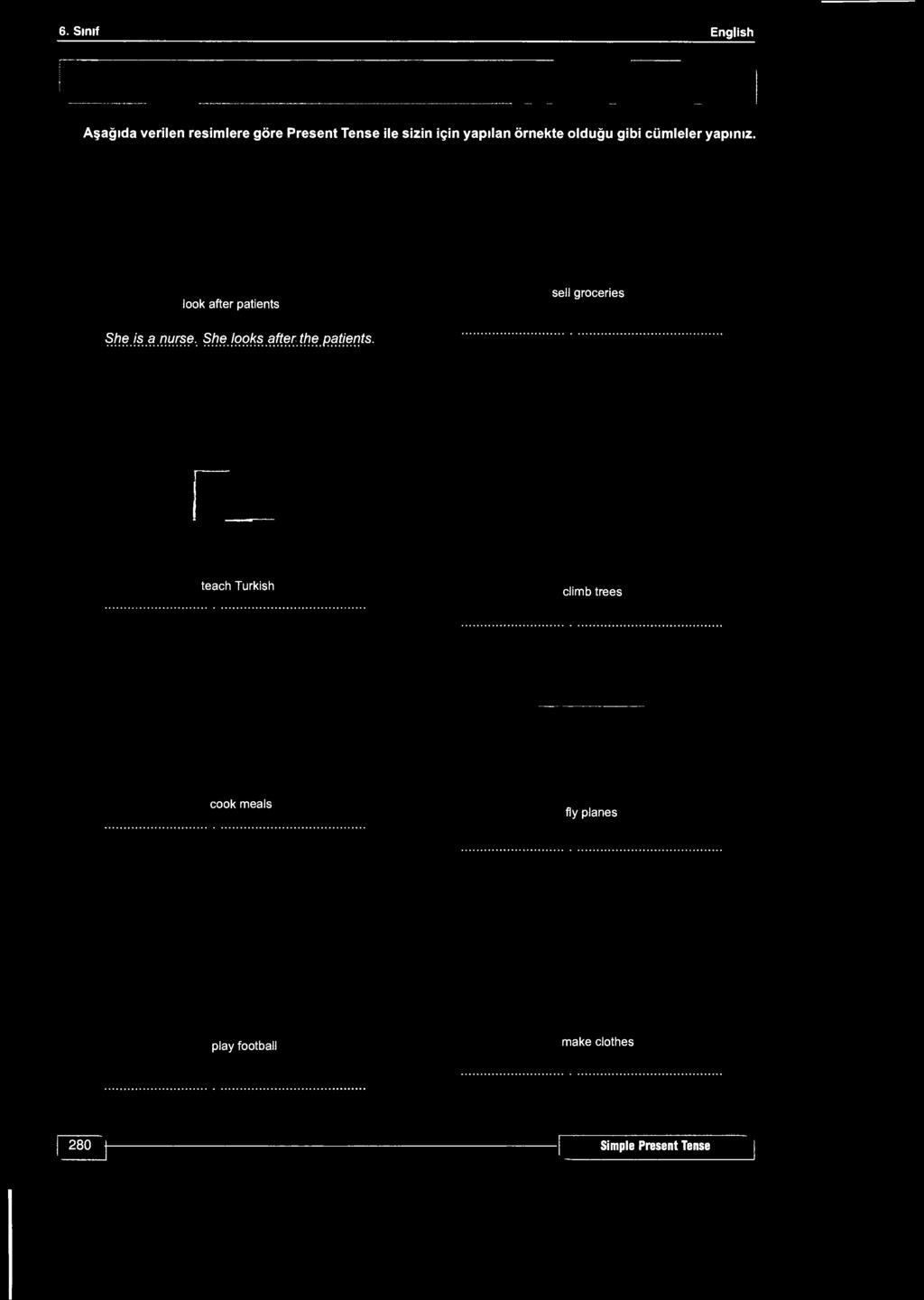 6. Sınıf English Aşağıda verilen resimlere göre Present Tense ile sizin için yapılan örnekte olduğu gibi cümleler yapınız.