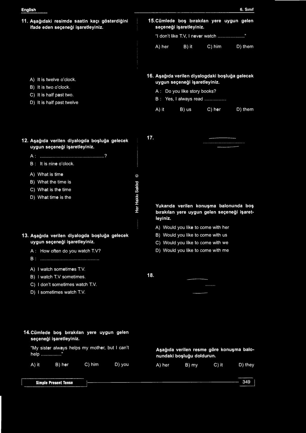 English 6. Sınıf 11. Aşağıdaki resimde saatin kaçı gösterdiğini ifade eden 15.Cümlede boş bırakılan yere uygun gelen "I don't like T.