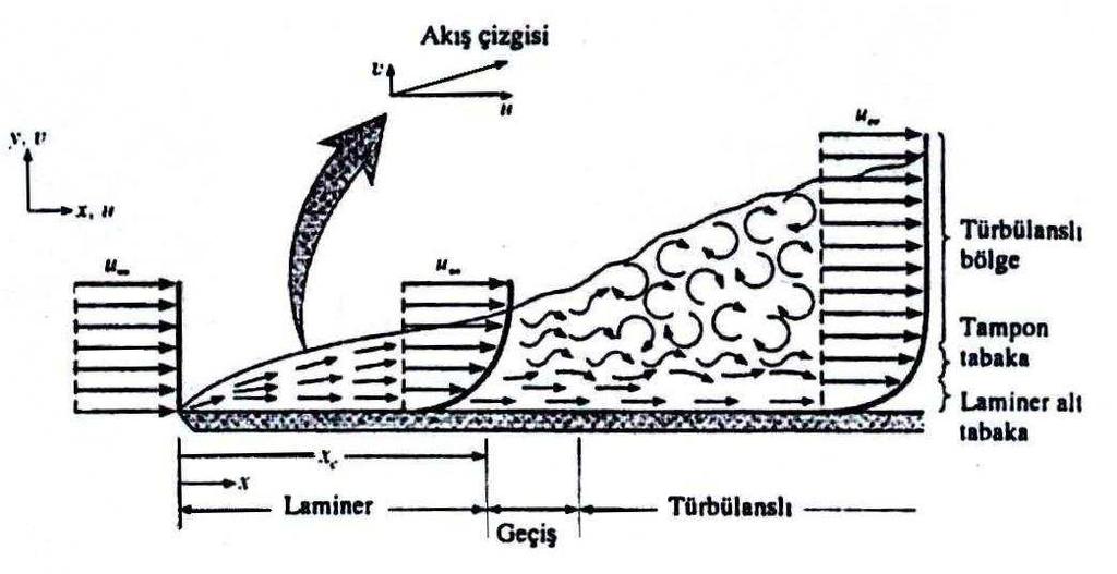 55 Buna karşılık, türbülanslı sınır tabaka içinde akışkan hareketi çok düzensizdir ve akış içinde ani hız değişimleri gözlemlenir.