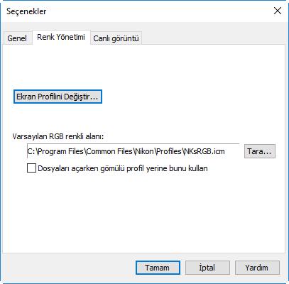 Camera Control Pro Tercihleri 4/6 Renk Yönetimi Sekmesi (Windows) Renk Yönetimi sekmesi görüntüleri ekranınızda görüntülemek için ve RGB resimleri düzenlemek ve kaydetmek için kullanılan renk