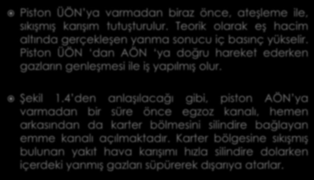 Piston ÜÖN ya varmadan biraz önce, ateşleme ile, sıkışmış karışım tutuşturulur. Teorik olarak eş hacim altında gerçekleşen yanma sonucu iç basınç yükselir.