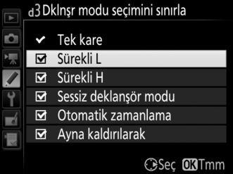 d3: Dklnşr Modu Seçimini Sınırla G düğmesi A Özel Ayarlar menüsü Deklanşör modu kadranı S konumuna döndürüldüğünde, S düğmesine basarak ve ana ayar kadranını çevirerek erişilebilecek seçenekleri