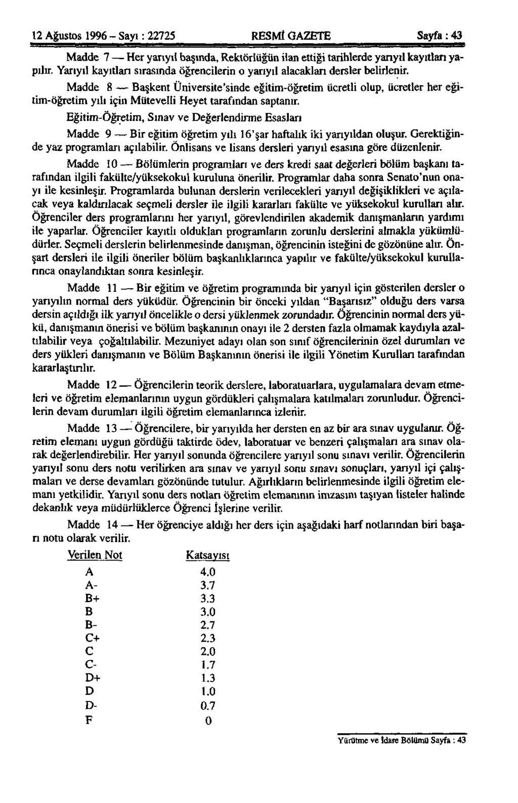 12 Ağustos 1996 - Sayı: 22725 RESMİ GAZETE Sayfa: 43 Madde 7 Her yarıyıl başında, Rektörlüğün ilan ettiği tarihlerde yarıyıl kayıtları yapılır.