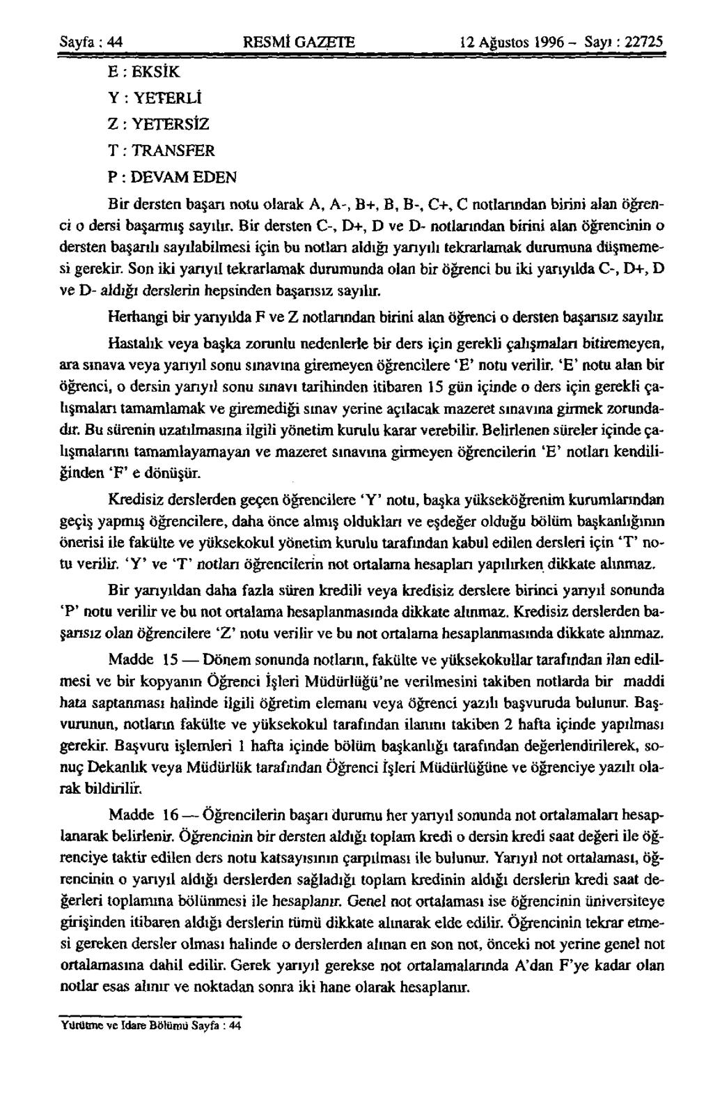 Sayfa: 44 RESMİ GAZETE 12 Ağustos 1996 - Sayı: 22725 E: EKSİK Y : YETERLİ Z: YETERSİZ T: TRANSFER P: DEVAM EDEN Bir dersten başarı notu olarak A, A-, B+, B, B-, C+, C notlarından birini alan öğrenci