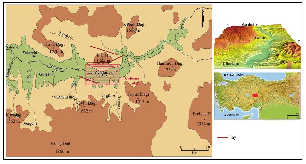 Kızılırmak Şekillerinin Oluşumunda İklim ve Tektoniğin 223 Şekil 1. Çalışma alanının lokasyon haritası ve sayısal yükselti modeli. 2. Jeolojik Yapı Çalışma alanı, İç Anadolu da Neojen-Kuaterner volkanizmasının etkin olduğu Kapadokya Volkanik Yöresi nde yer almaktadır.