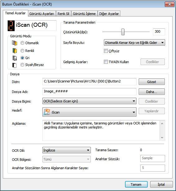 Seçilen butonun ismi Buton İsmi Görüntü Modu Seçimi Temel Tarama Ayarları Taranan Görüntü Dizin ve Dosya İsmi Tarama Hedefi ve Ayarları OCR ayarları Ayarları sıfırlama, dosya biçimi değiştirme, hedef