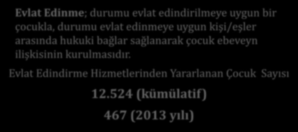 Evlat Edindirme Hizmetleri Evlat Edinme; durumu evlat edindirilmeye uygun bir çocukla, durumu evlat edinmeye uygun kişi/eşler arasında hukuki