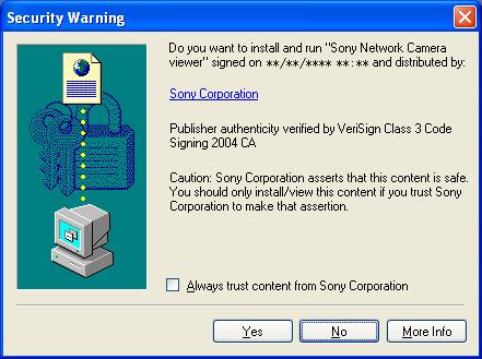 Kameranın ana izleyicisi ilk kez gösterildiğinde Enter a tıkladığınızda Security Warning mesajı gösterilir. Yes ye tıkladığınızda ActiveX kontrol yüklenir ve ana görüntüleyici gösterilir.