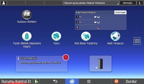 1. Başlarken [Ana] Ekranı Kullanma Makine açıldığında varsayılan ekran olarak [Ana] ekran çıkar. Her işleve bir simge atanmıştır ve bu simgeler [Ana] ekranda görüntülenir.