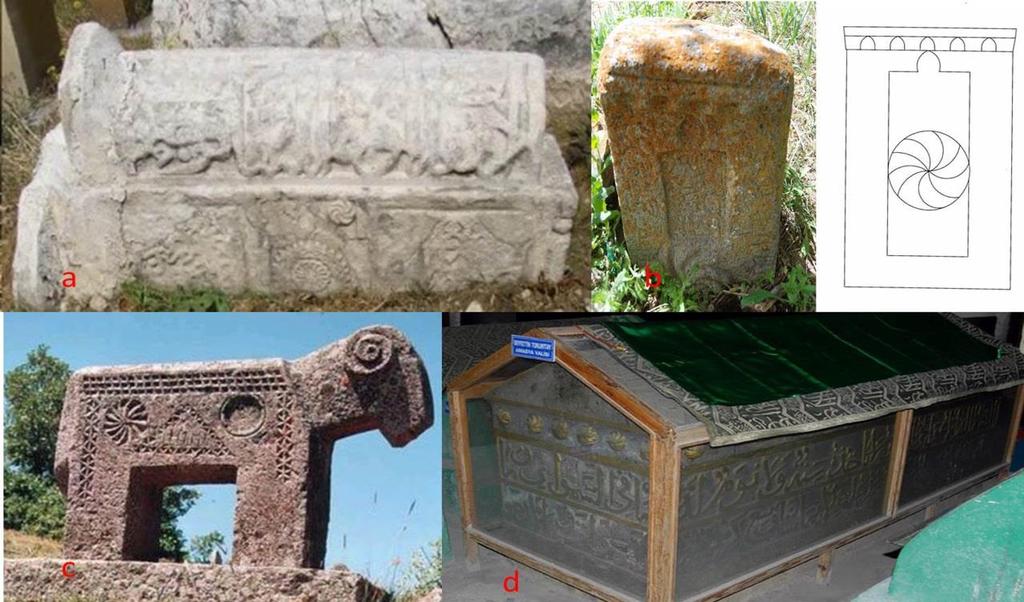 yy) çarkıfelek, c-tunceli Osmanlı dönemi mezar taşında çarkıfelek, d- Amasya Torumtay Türbesi (1279) sanduka
