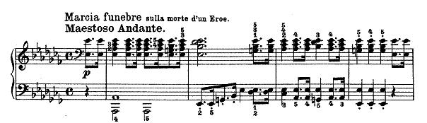 dizginlemektedir: Beethoven'ın 12 numaralı sonatının cenaze marşının ana teması Ancak, doğal olarak Beethoven'ın anlatımsal gücü Paer'inkinin çok ötesindedir.