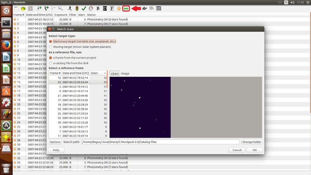 Şekil 35. Her görüntüdeki yıldızların eşleştirilmesi için find cross-reference between photometry files ikonu ile referans bir görüntü seçilmesi.