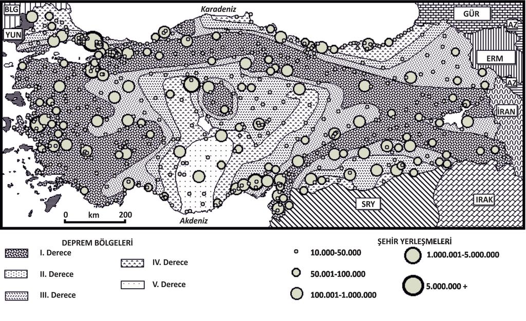 Fiziki Coğrafya Araştırmaları: Sistematik ve Bölgesel Şekil 7. Türkiye nin deprem bölgelerine göre şehirli nüfusun dağılışı (2000) (AVCI, 2005: 66). I.