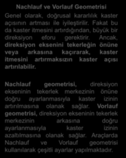 Nachlauf ve Vorlauf Geometrisi Genel olarak, doğrusal kararlılık kaster açısının artması ile iyileştirilir.