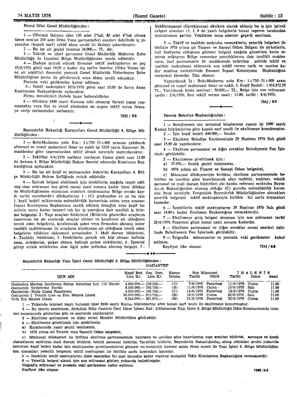 24 MAYIS 1976 (Resmî Gazete) Sahife : 13 Petrol Ofisi Genel Müdürlüğünden: 1 Ofisimiz ihtiyacı olan 130 adet 3"luk, 80 adet 4"luk olmak üzere cem'an 210 adet Otko Vana şartnameleri esasları dahilinde