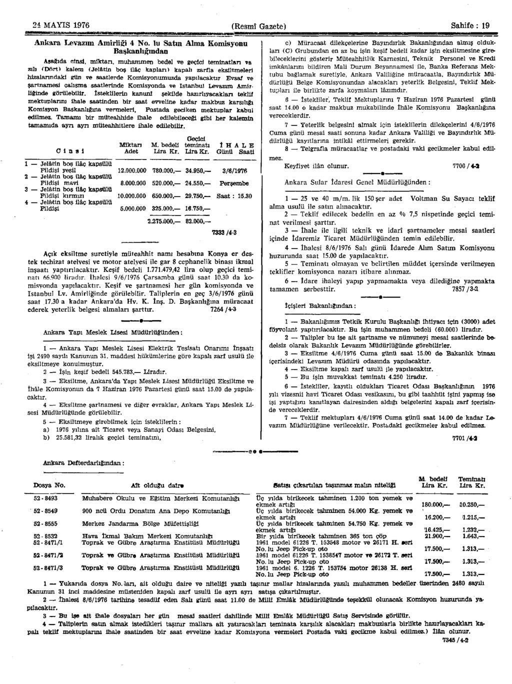 21 MAYIS 1976 (Resmî Gazete) Sahife : 19 Ankara Levazım Amirliği 4 No. lu Satın Alma Komisyonu Başkanlığından Aşağıda «insi.
