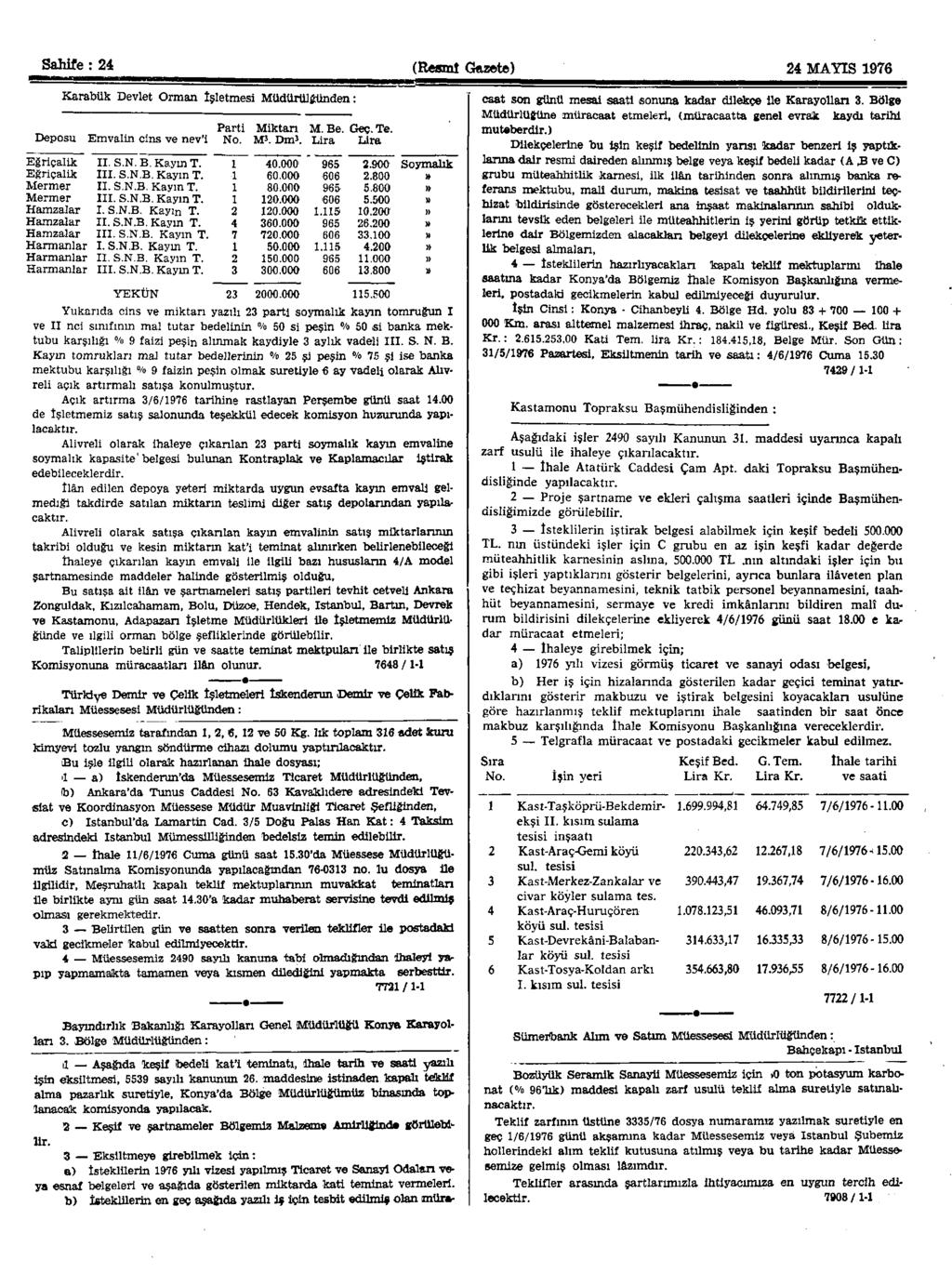 Sahife : 24 (Resmî Gazete) 24 MAYIS 1976 Karabük Devlet Orman işletmesi Müdürülğünden: Parti Miktarı M. Be. Geç.Te. Deposu Emvalin cins ve nev'i No. M 3. Dm 3. Lira Lira Eğriçalik II. S.N. B. Kaym T.